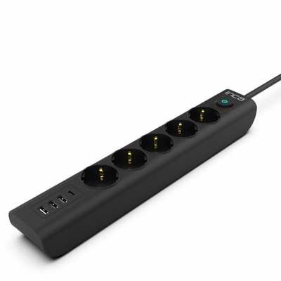 Prizë mbrojtëse Inca IPW-44TU, 5 dalje AC, 3x USB-A dhe 1x USB-C, kabllo 1.5m, e zezë