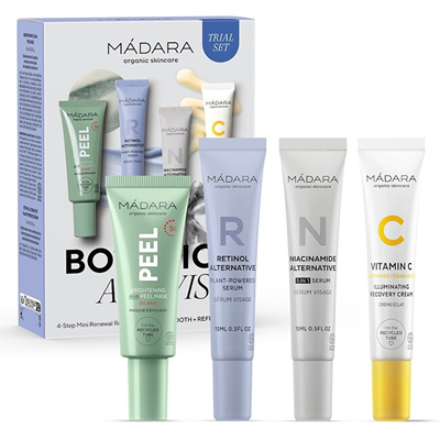 Set për fytyrë MÁDARA Botanic Activits, maskë eksfoliuese 17 ml + krem me vitamin C 15 ml + serum altrenativ retinol 15 ml + serum altrenativ niacinamide 15 ml