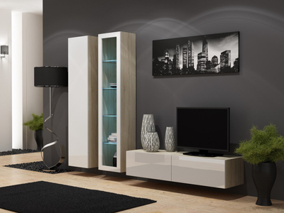 Komodë TV Cama Meble Vigo 140, 140 cm, MDF, gri e bardhë me shkëlqim