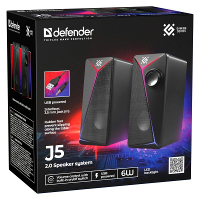 Кутија звучници Defender J5 2.0, 6W, USB, со ЛЕД, црна