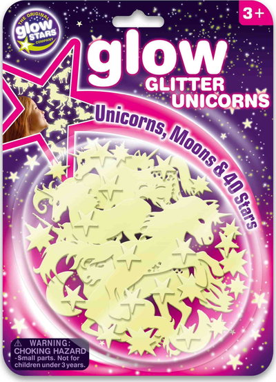 Sticker-a muri Glowstars Glitter Unicorns, që ndriçojnë në errësirë, set unikornësh dhe yjesh, rozë