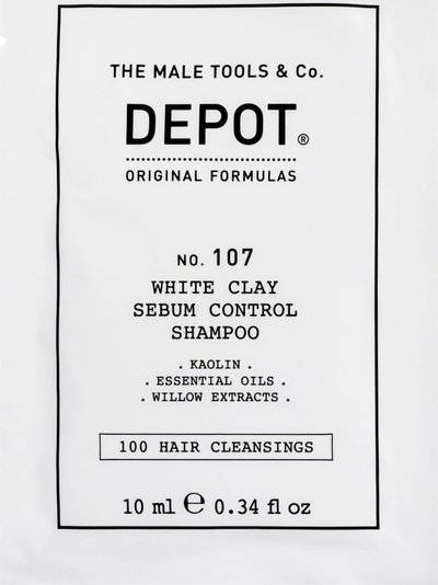 Shampo për flokë me yndyrë Depot No. 107 Sebum Control, argjilë e bardhë, 10 ml