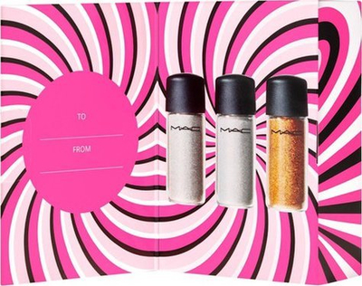 Set hije sytësh me shkëlqim MAC Sprinkle of Magic, glitter ari 2.5g, glitter i kuq 2.5g, glitter bronzi 2.5g