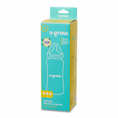 Biberon prej qelqi U-Grow, 260 ml, me 2 guma rezervë, transparent
