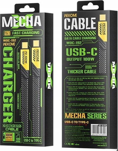 Kabllo USB Wekome WDC-192 Mecha Series, USB C në USB C, 1.2m, e verdhë