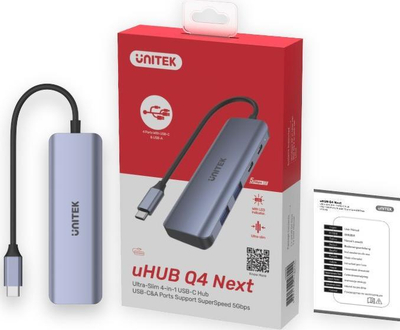 Hub USB C Unitek UHUB Q4, 4 me 1, USB 3.2 Gen 1, gri