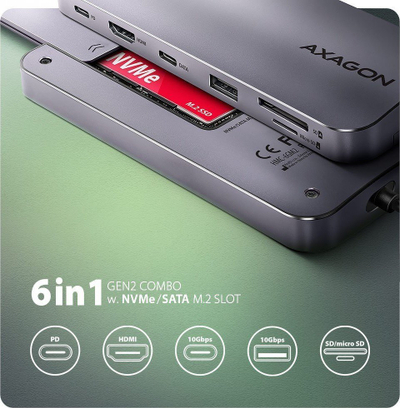 USB HUB Axagon HMC-6GM2, USB-C 10Gbps, 6‑në‑1, HDMI 4K, PD 100W, gri