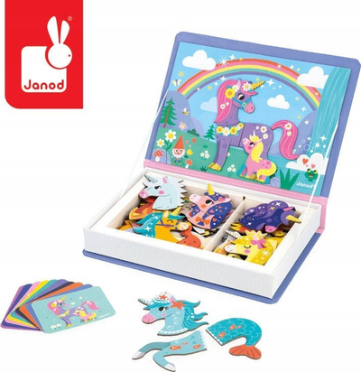 Lojë magnetike edukative Janod MagnetiBook Unicorns, 44 magnetë, 10 karta modeli, shumëngjyrëshe