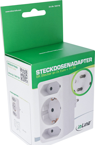 Adapter prizë InLine, 1x Schuko në 2x Euro dhe 1x Schuko, i bardhë