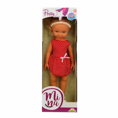 Kukull Mina Baby, 35 cm, fustan i kuq me pika të bardha