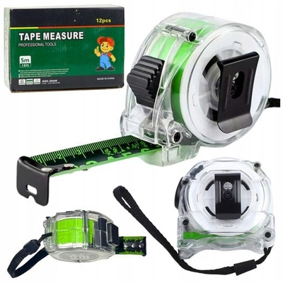 Metër rrotullues fluorescente 5 m, 25 mm, transparent me jeshile