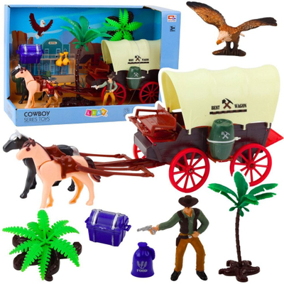 Set lodrash Cowboy Western, karrocë me kuaj, figura plastike, shumëngjyrëshe