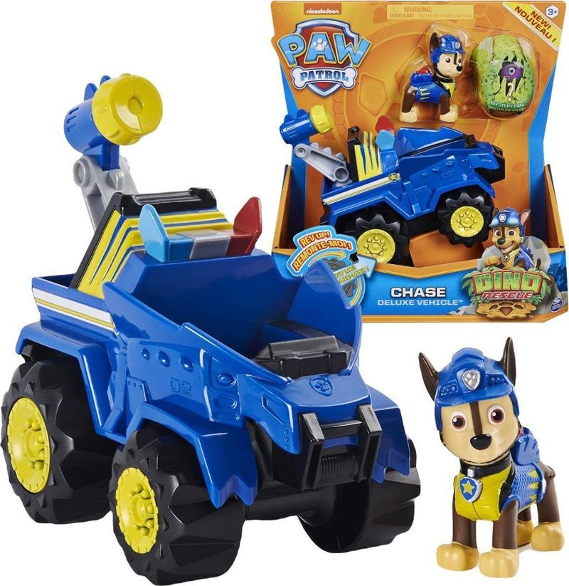 Lodra Spin Master Paw Patrol Dino Rescue Chase, automjet me figurë qeni dhe dinozaur surprizë, e kaltër/e verdhë