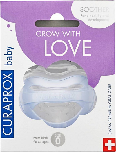 Qetësues për bebe Curaprox Baby Size 0, silikon, 0–7 muajsh, blu