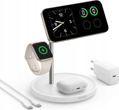 Stacion karikimi wireless Anker MagGo Universal 3 në 1, Qi2, karikim i shpejtë, i bardhë