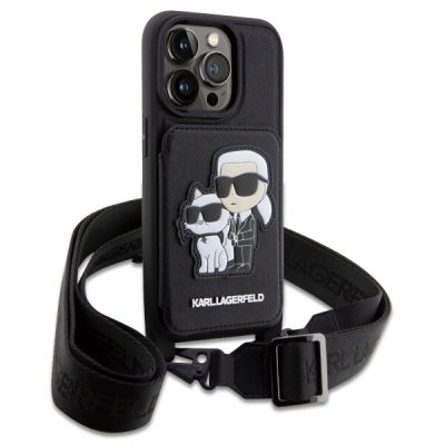 Mbrojtëse telefoni Karl Lagerfeld për iPhone 14 Pro, crossbody me xhep për karta, e zezë