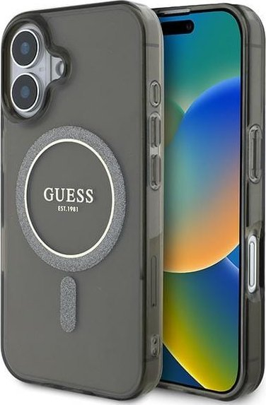 Këllëf telefoni Guess IML Glitter Circle me MagSafe për iPhone 16 6.1", transparent, i zi