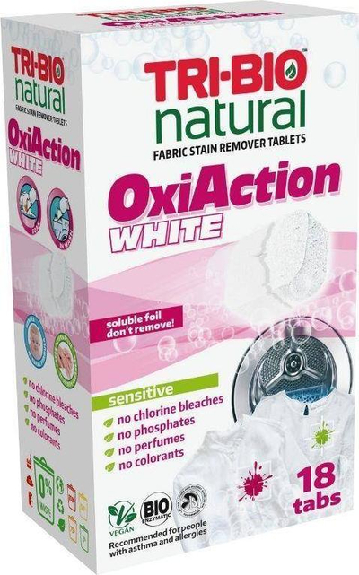 Tableta larëse Tri-Bio Oxi Action White, 18 copë, për rroba të bardha