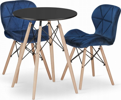 Set tavoline dhe karrige Todi Lago, tavolinë rrethore 60 cm, 2 karrige, tavolinë e zezë dhe karrige blu navy