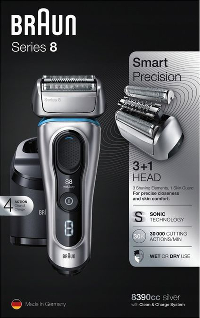 Електрична машина за бричење Braun Series 8 8390cc, со станица за чистење, црно-сребрена