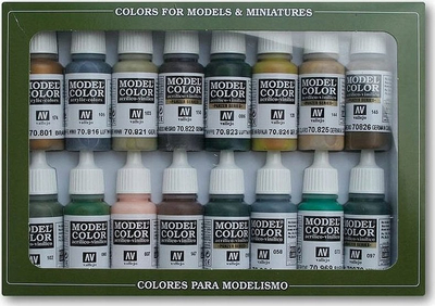 Set boje akrilike Vallejo Model Color WWII German Camouflage, 16 copa, për punime me modele ushtarake