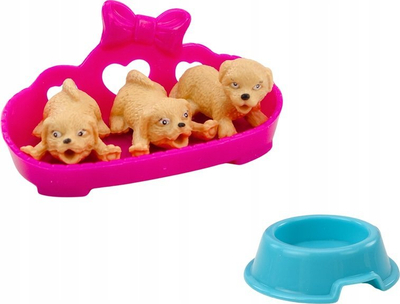 Lodër kukullë mini, flokë të gjatë, fustan shumëngjyrësh, me 3 qenushë dhe shtrat