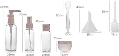 Set shishesh udhëtimi me çantë kozmetike, 8 copë, transparente