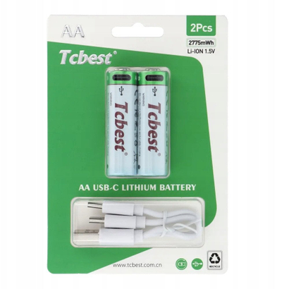 Bateri të karikueshme TCBEST R6 AA, set 2 copë, 750 mAh, Type C