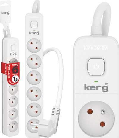Zgjatës elektrik Kerg KERG, 6 priza, 1.5m, 16A, bardhë gri