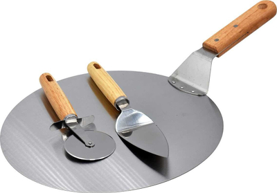 Set për pica Brunbeste 2935, lopatë çeliku inox 30 cm, prerëse picash me dorezë druri