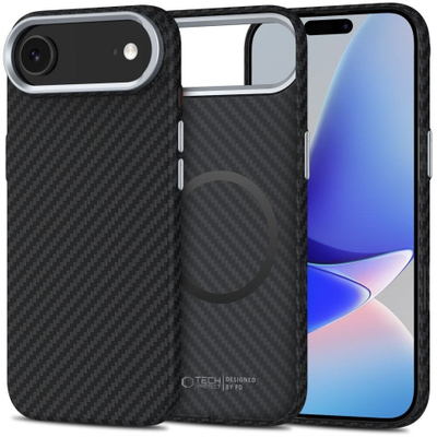 Kapak telefoni Tech-Protect Ion Carbon MagSafe për iPhone 17 Air 17 Pro, polikarbonat, mban goditje, ngjyrë e zezë me argjend