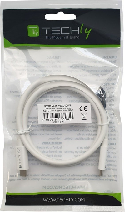 Kabllo USB Techly USB4 Gen3 USB C EPR, 40 Gbit/s, 240W 1m, e bardhë