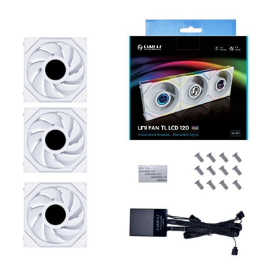 Ventilatorë PC Lian Li Uni Fan TL LCD 120, set 3x120mm, RGB, të bardhë