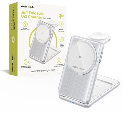 Karikues 3n1 Mobile Origin PW8, Qi2 MagSafe, palosës, ngjyrë argjendi
