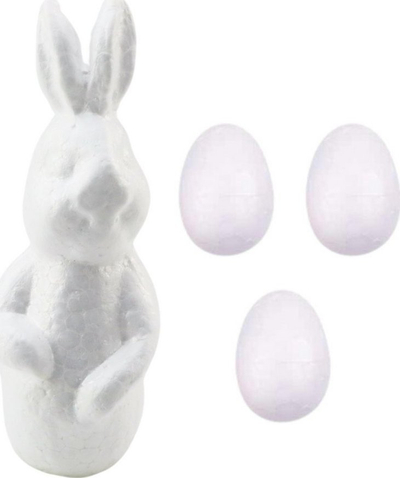 Set kreativ LEAN Toys për Pashkë, lepur stiropori 15 cm, 3 vezë stiropori 5 cm, me bojëra
