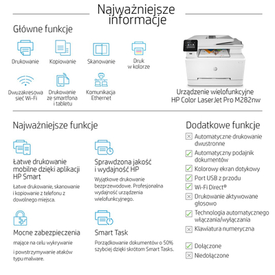 Печатач HP Color LaserJet Pro MFP M282nw, 600x600 DPI, 21 стр/мин, A4, бел