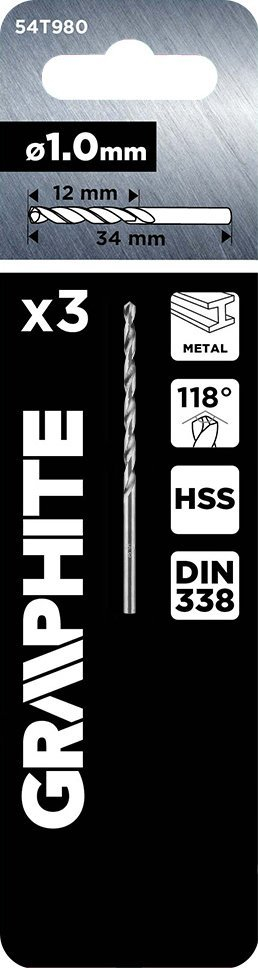 Set stërvitash metali GRAPHITE 54T980, HSS, 1 mm, 3 copë