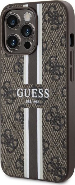 Kapak telefoni Guess 4G Printed Stripes MagSafe për iPhone 13 Pro Max, hardcase, lëkurë ekologjike, kafe