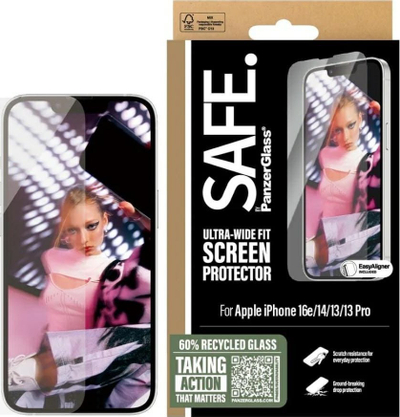 Заштитно стакло за екран SAFE by PanzerGlass Ultra Wide Fit, за iPhone 16e 14 13 13 Pro, проѕирно