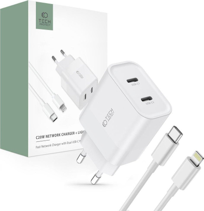 Karikues muri Tech-Protect C20W, 20W PD, 2 porta USB-C me kabllo Lightning 1m, i bardhë