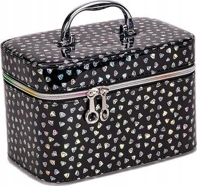 Кутија за козметика Chest S, со огледало, со патент, 19x11x10 cm, со сиви геометриски мотиви