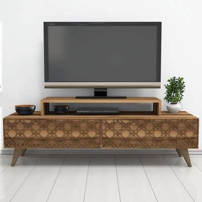 Komoda TV Kalune Design City, me rafte dhe ndarje, dru natyral