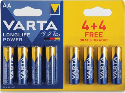 Bateri alkaline Varta Longlife Power AA, 1.5V, pako me 8 copë