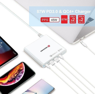 Karikues notebook-u Swissten 87W, 2x USB, 2x USB C, i bardhë