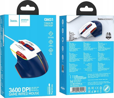 Maus gaming Hoco GM31 me kabllo USB, 3600 DPI, i bardhë blu