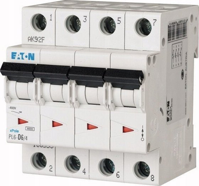 Ndërprës automatik Eaton PL6-D6/4, 4 pole, tip D, i bardhë