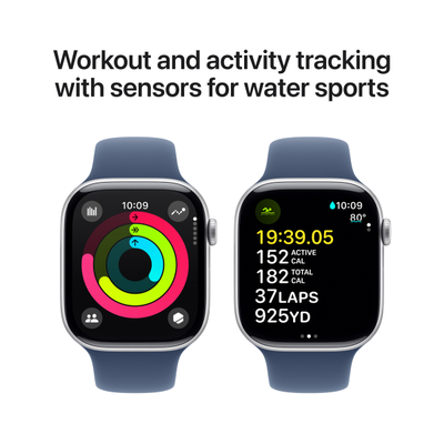 Apple Watch Series 10 GPS, 46mm, Silver Aluminum Case with Denim Sport Band, S/M