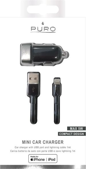 Полнач за автомобил Пуро Мини Car Charger, 1A 5W, кабел Лајтнинг 1m, црн