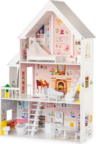 Shtëpi druri për kukulla ECOTOYS Powder Residence XXL, 3 kate, 5 dhoma, rozë