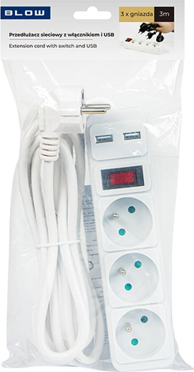 Zgjatës rryme Blow PR-370WSP/USB, 3 presa tokëzuese, 2x USB, 3m, i bardhë